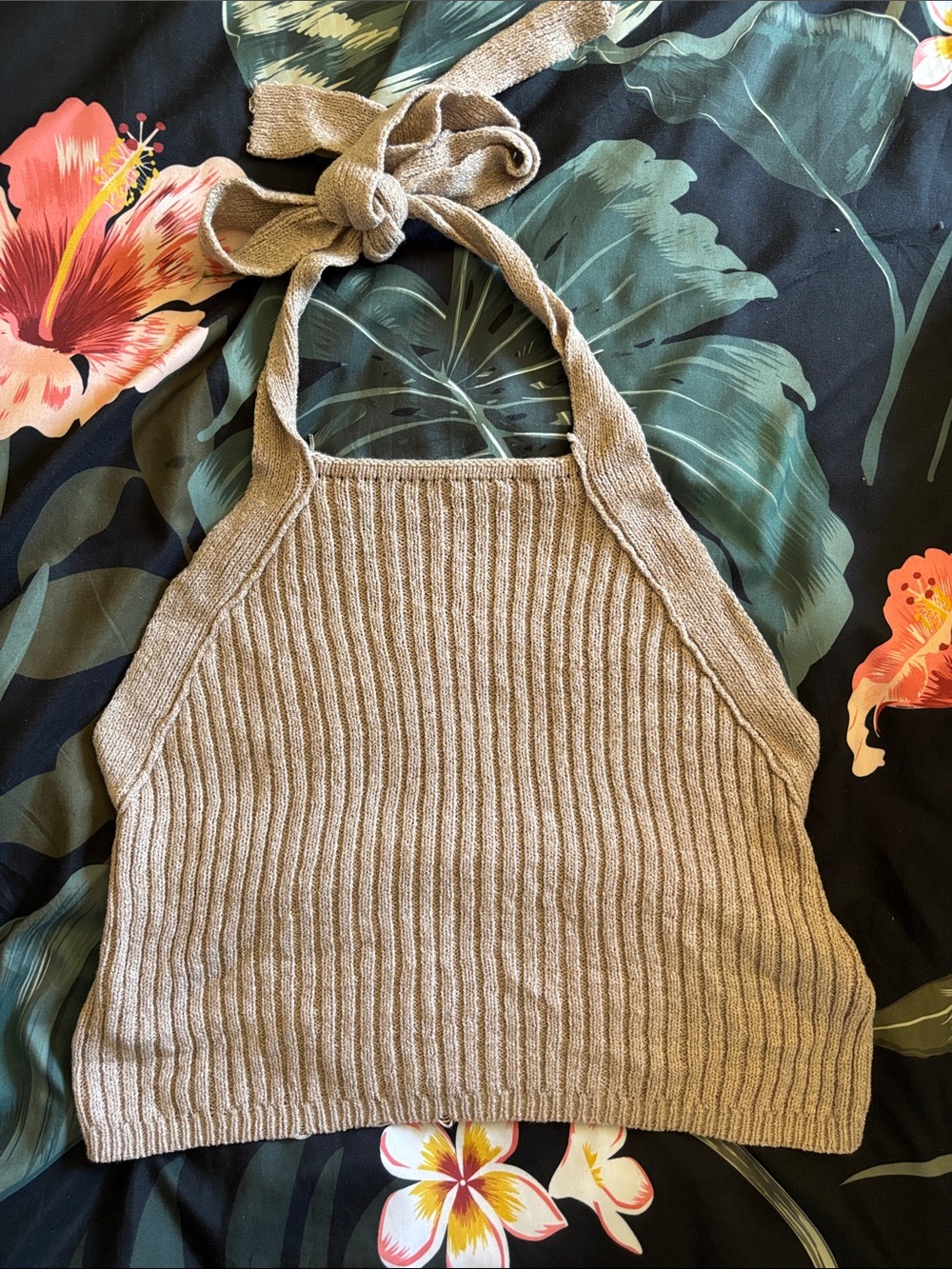 Cotton On Beige Ribbed Knit Tie-Neck Halter Crop Top, Size XS